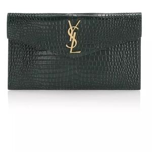 Saint Laurent Forest Green Croc-Embossed Envelope Clutch with Gold YSL